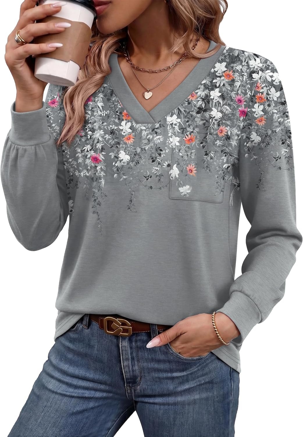 image:imageWiholl V Neck Long Sleeve Shirts Womens Tops Dressy Casual Fall OutfitsFloral Grey