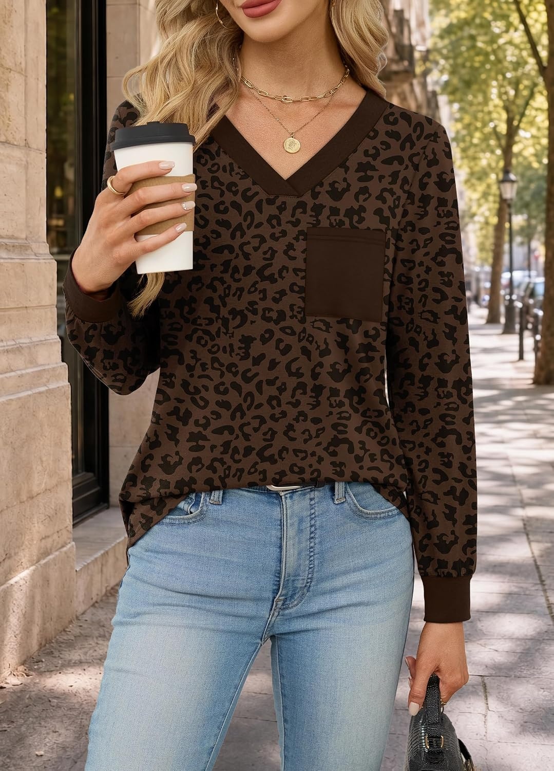 image:imageWiholl V Neck Long Sleeve Shirts Womens Tops Dressy Casual Fall OutfitsLeopard Print