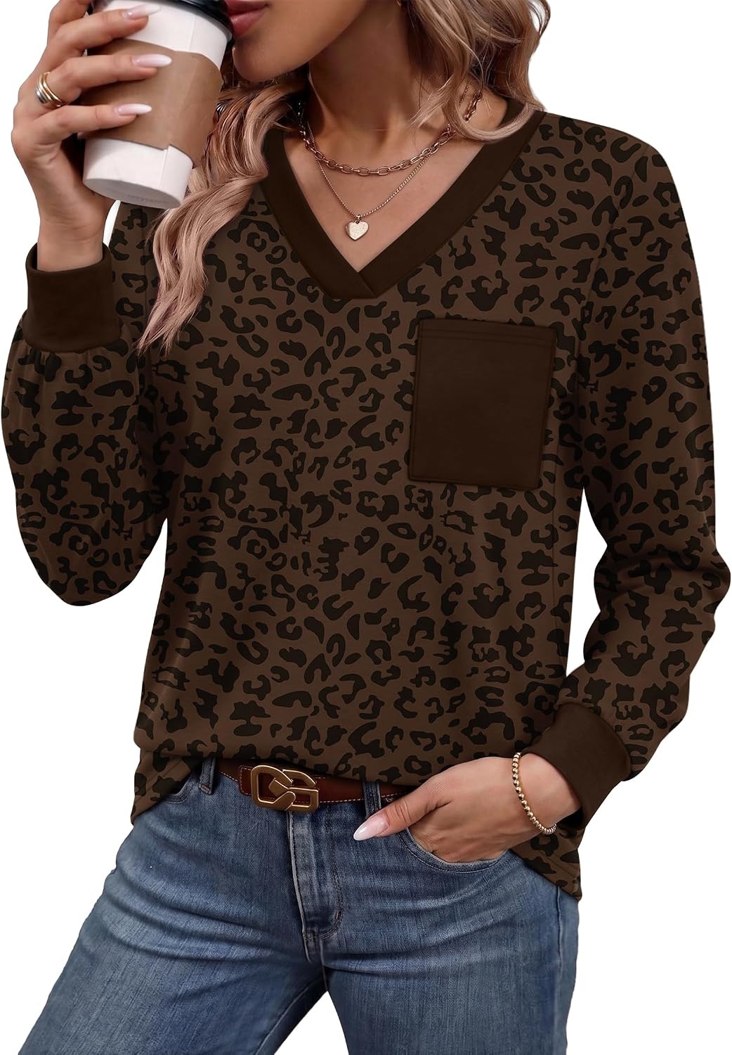 image:imageWiholl V Neck Long Sleeve Shirts Womens Tops Dressy Casual Fall OutfitsLeopard Print