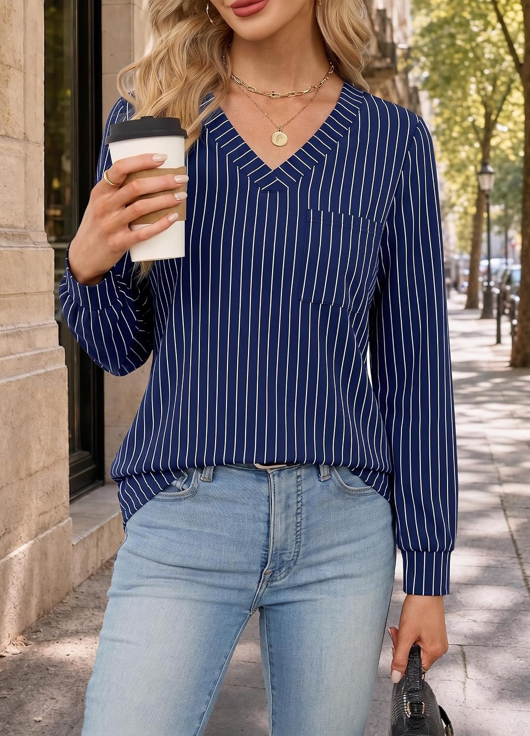 image:imageWiholl V Neck Long Sleeve Shirts Womens Tops Dressy Casual Fall OutfitsNavy Blue Stripe