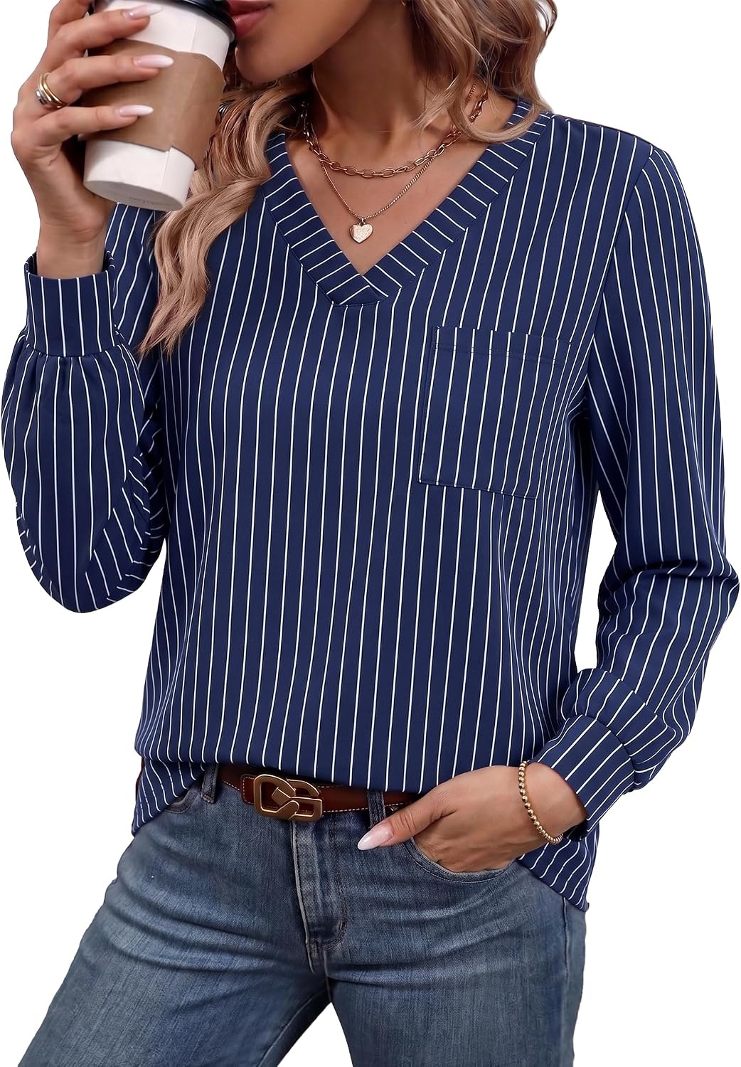 image:imageWiholl V Neck Long Sleeve Shirts Womens Tops Dressy Casual Fall OutfitsNavy Blue Stripe