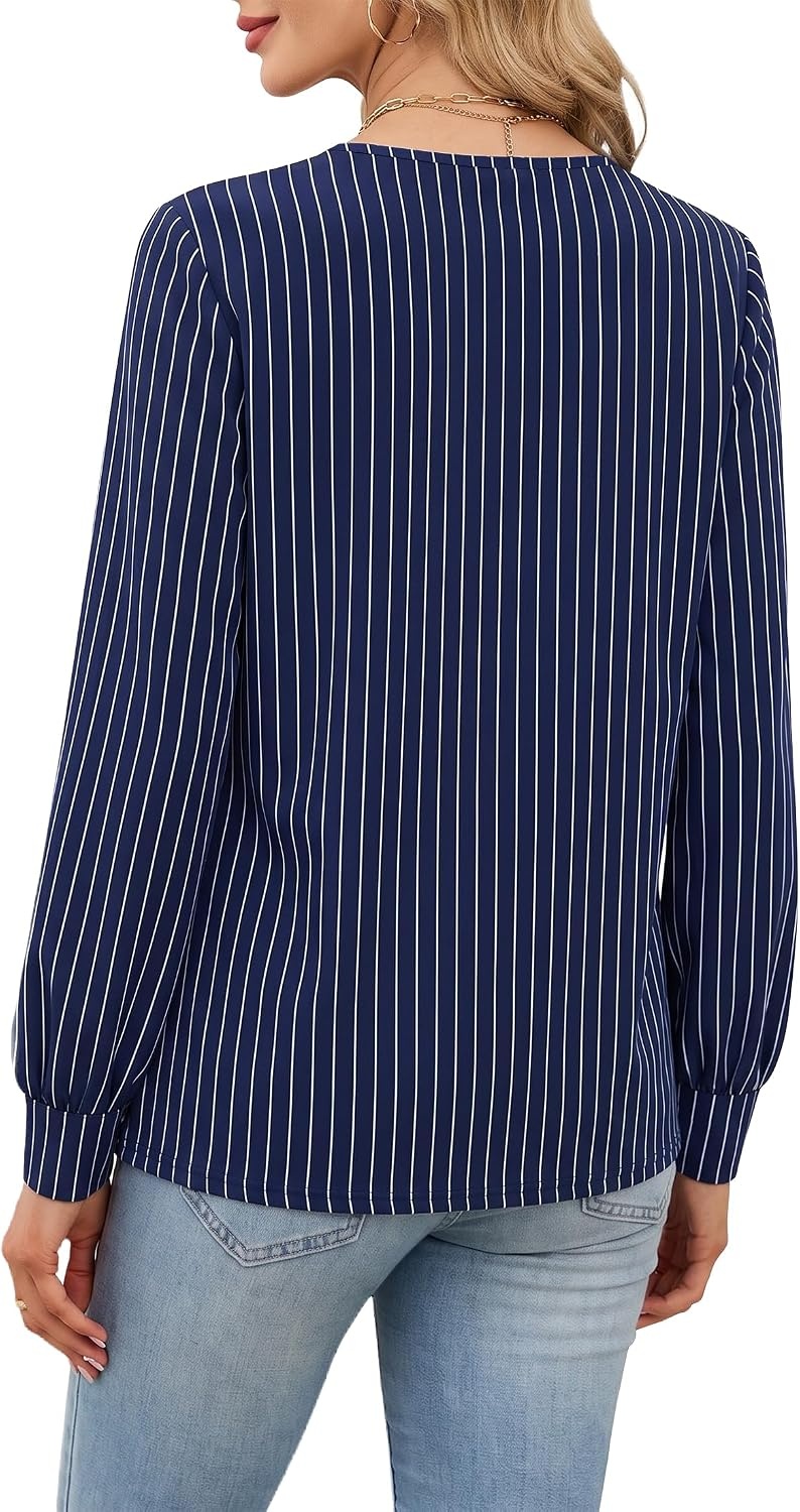 image:imageWiholl V Neck Long Sleeve Shirts Womens Tops Dressy Casual Fall OutfitsNavy Blue Stripe
