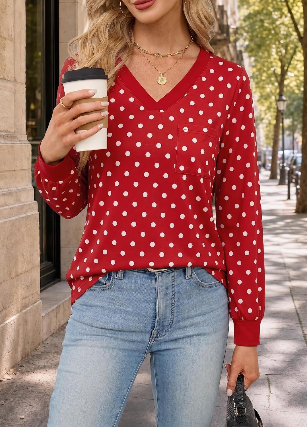 image:imageWiholl V Neck Long Sleeve Shirts Womens Tops Dressy Casual Fall OutfitsRed Polka Dot