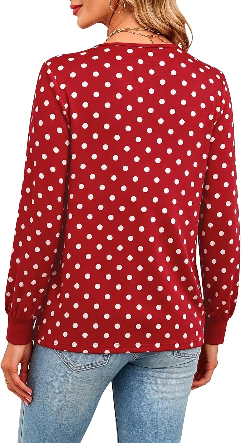image:imageWiholl V Neck Long Sleeve Shirts Womens Tops Dressy Casual Fall OutfitsRed Polka Dot