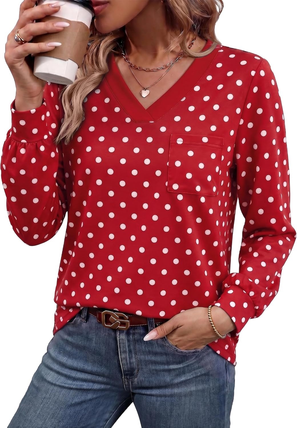 image:imageWiholl V Neck Long Sleeve Shirts Womens Tops Dressy Casual Fall OutfitsRed Polka Dot