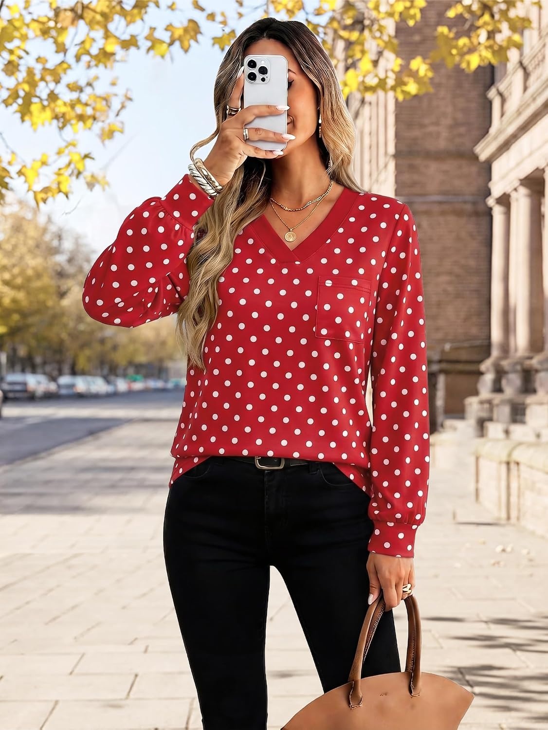 image:imageWiholl V Neck Long Sleeve Shirts Womens Tops Dressy Casual Fall OutfitsRed Polka Dot