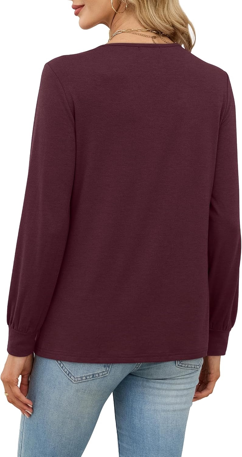 image:imageWiholl V Neck Long Sleeve Shirts Womens Tops Dressy Casual Fall OutfitsWine Red