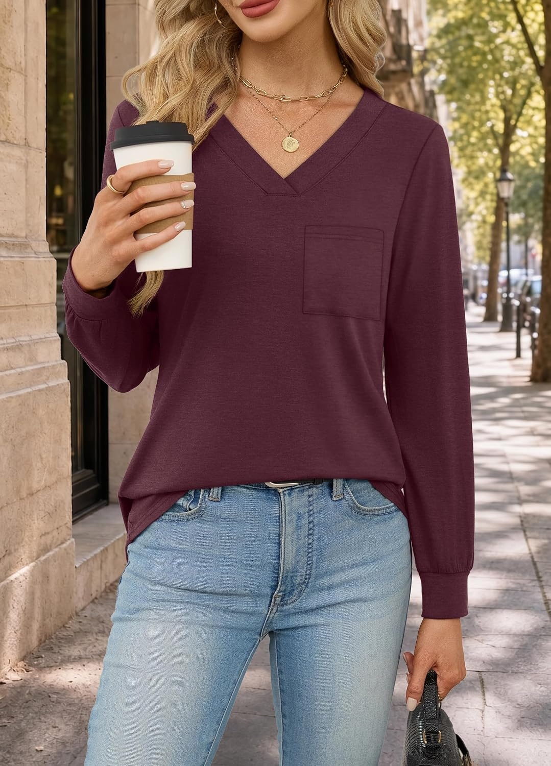 image:imageWiholl V Neck Long Sleeve Shirts Womens Tops Dressy Casual Fall OutfitsWine Red