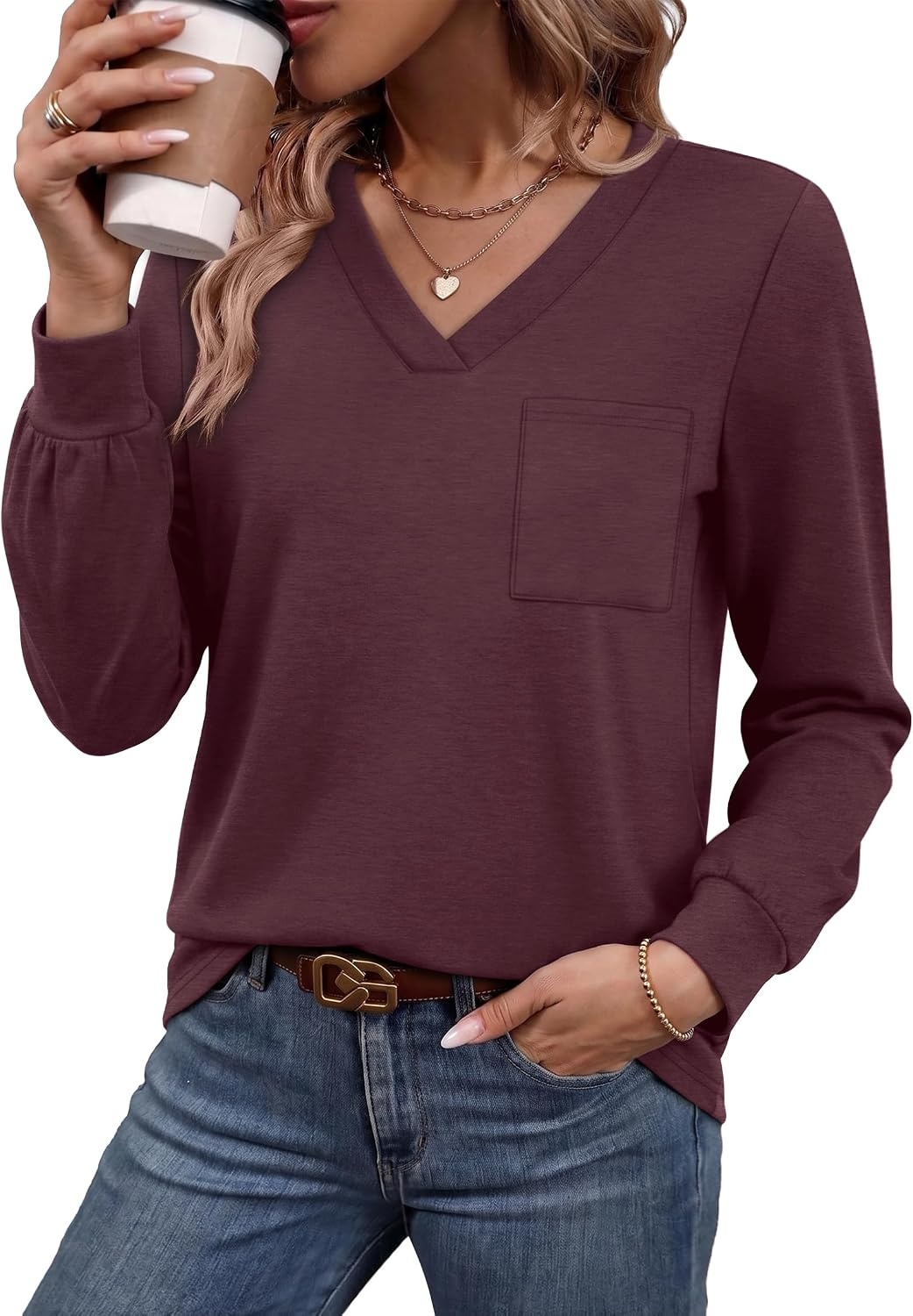 image:imageWiholl V Neck Long Sleeve Shirts Womens Tops Dressy Casual Fall OutfitsWine Red
