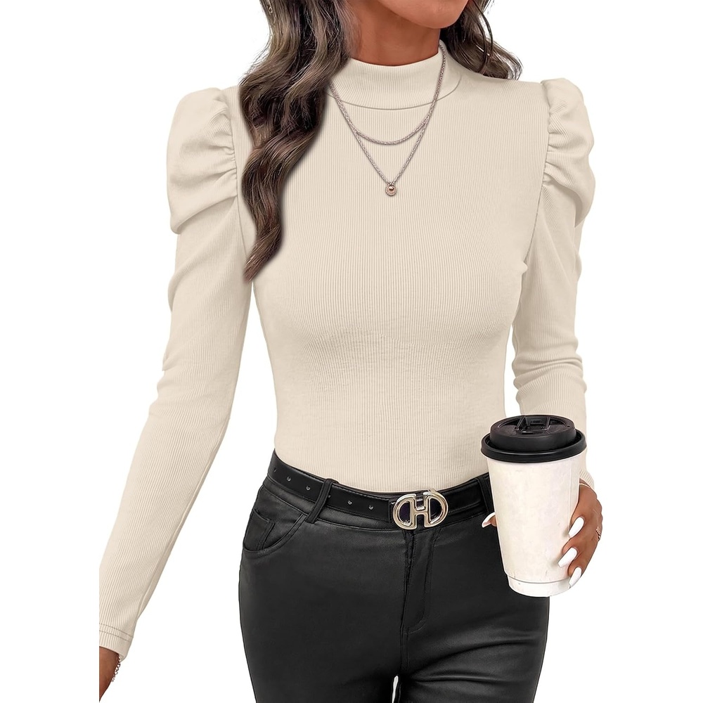 image:imageWIHOLL Long Sleeve Shirt for Women Puff Sleeve Knit Tops Casual 2026Beige