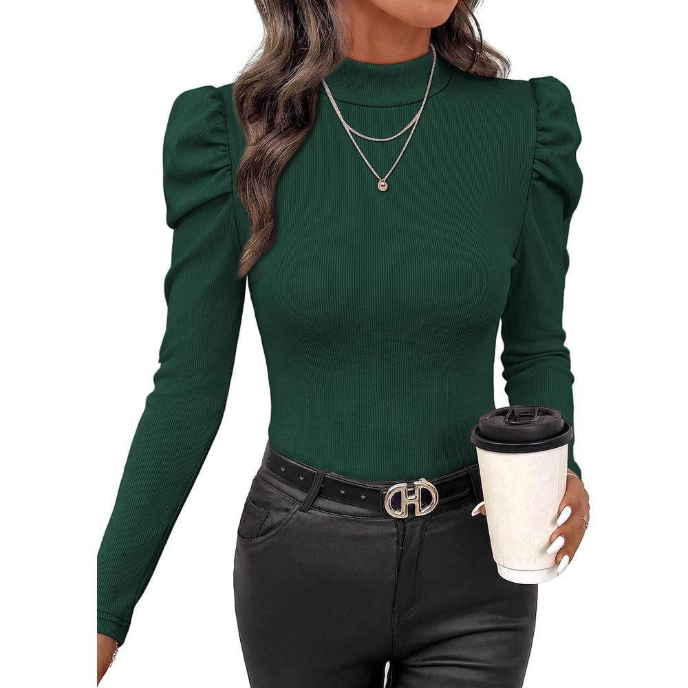 image:imageWIHOLL Long Sleeve Shirt for Women Puff Sleeve Knit Tops Casual 2026Green