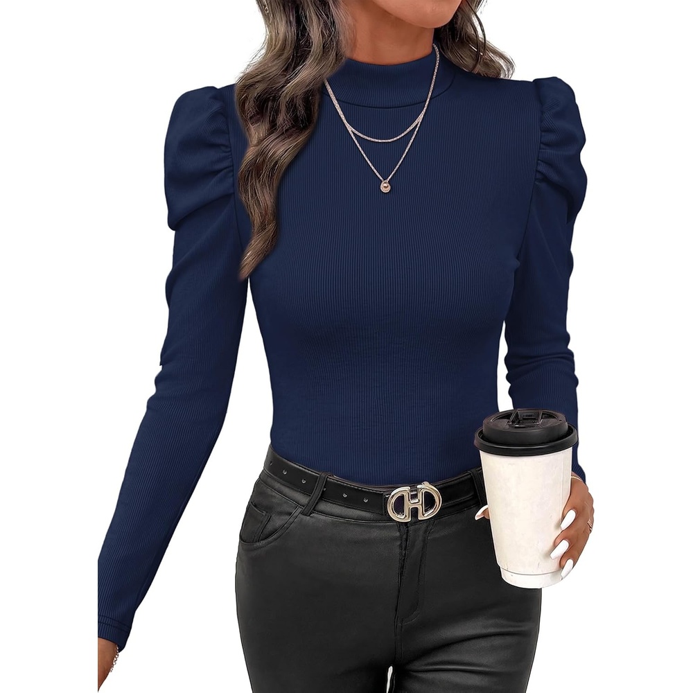 image:imageWIHOLL Long Sleeve Shirt for Women Puff Sleeve Knit Tops Casual 2026Navy Blue