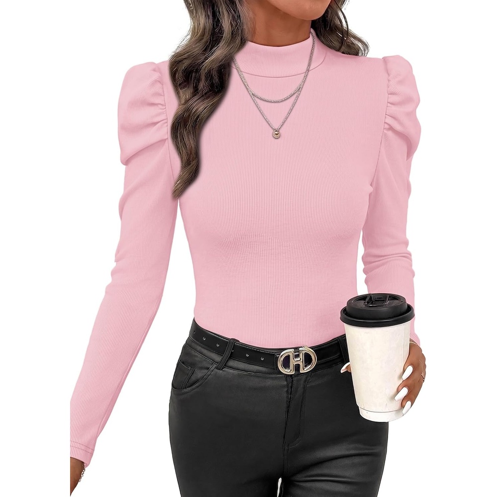 image:imageWIHOLL Long Sleeve Shirt for Women Puff Sleeve Knit Tops Casual 2026Pink