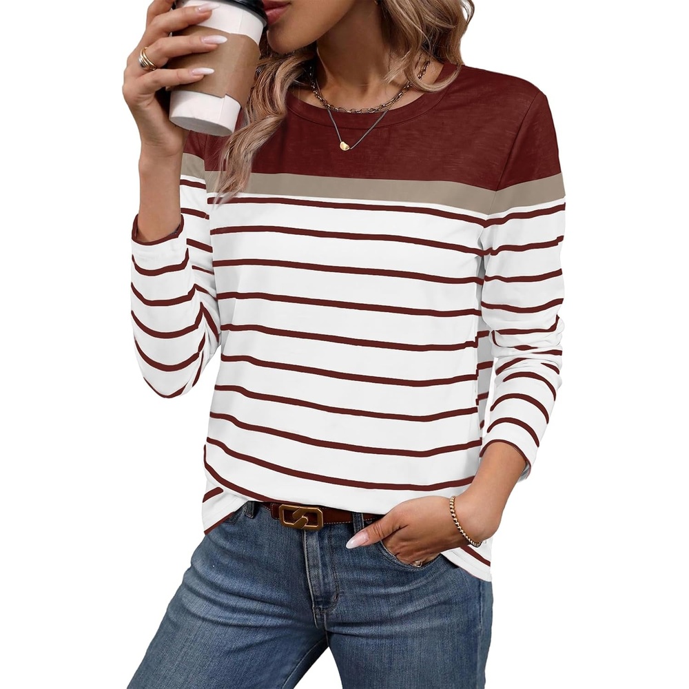 image:imageWIHOLL Long Sleeve Shirts for Women Stripe Tops Fall Fashion Outfits Red