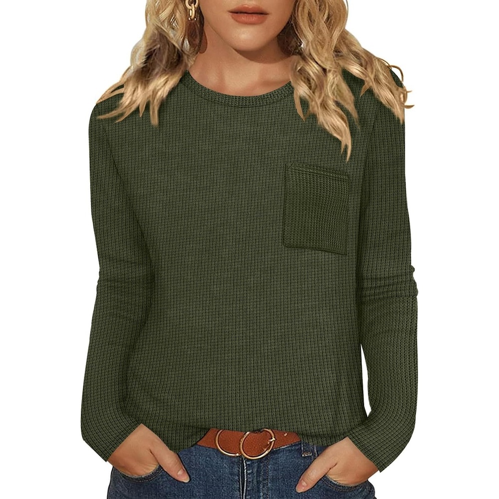 image:imageWIHOLL Long Sleeve Shirts for Women Waffle Knit Trendy Fall Fashion 2026 Dressy Casual Blouses Teacher OutfitsArmy Green