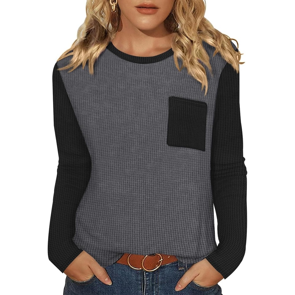 image:imageWIHOLL Long Sleeve Shirts for Women Waffle Knit Trendy Fall Fashion 2026 Dressy Casual Blouses Teacher OutfitsColor Block Grey