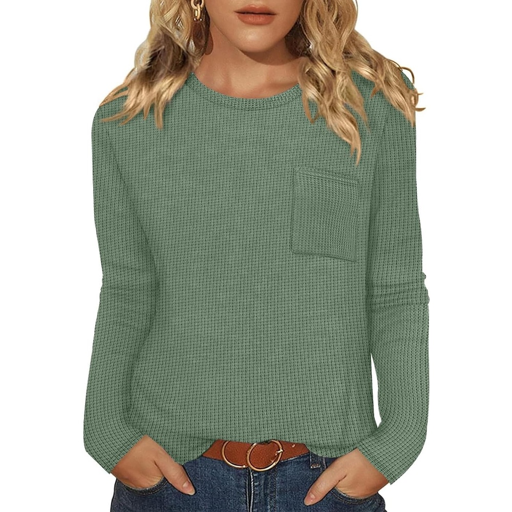 image:imageWIHOLL Long Sleeve Shirts for Women Waffle Knit Trendy Fall Fashion 2026 Dressy Casual Blouses Teacher OutfitsGreen