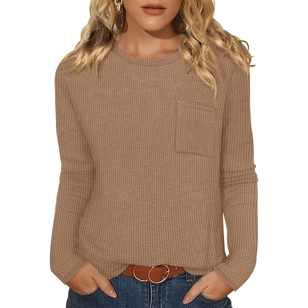 image:imageWIHOLL Long Sleeve Shirts for Women Waffle Knit Trendy Fall Fashion 2026 Dressy Casual Blouses Teacher OutfitsKhaki