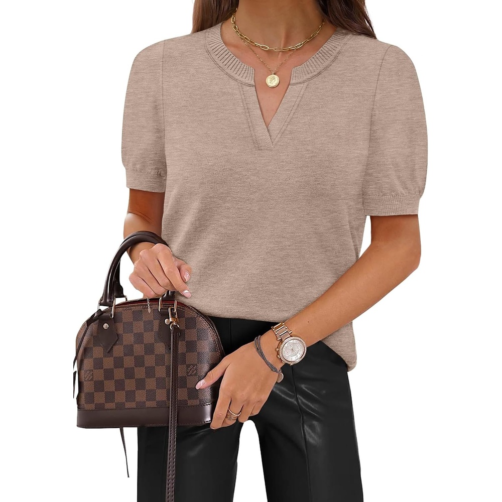 image:imageWIHOLL Short Sleeve Sweater Tops 2026 Spring Summer Trendy Knit Business Casual Essential V Neck Sweaters02 Brown