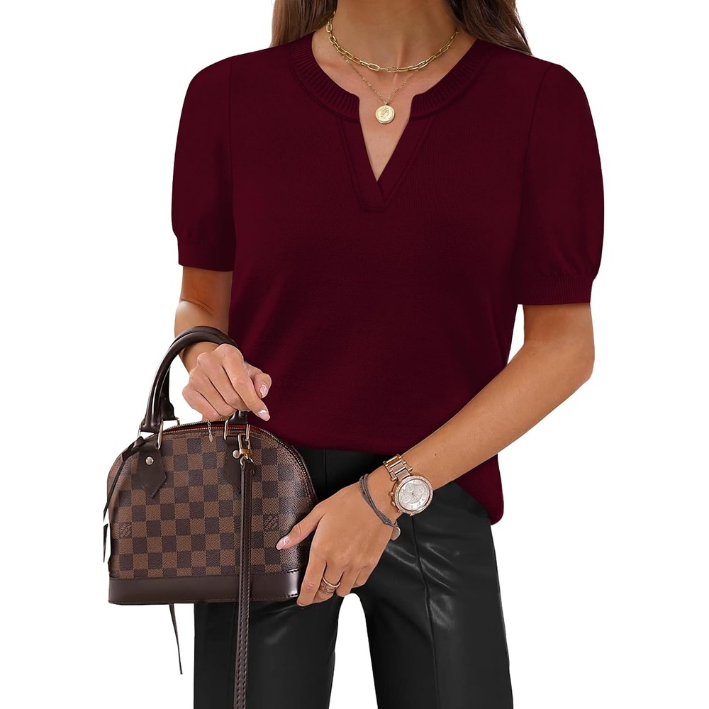 image:imageWIHOLL Short Sleeve Sweater Tops 2026 Spring Summer Trendy Knit Business Casual Essential V Neck Sweaters02 Burgundy Purple