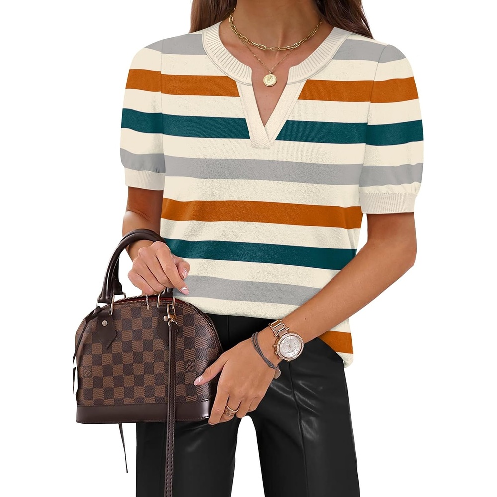 image:imageWIHOLL Short Sleeve Sweater Tops 2026 Spring Summer Trendy Knit Business Casual Essential V Neck Sweaters05 Orange Green Striped