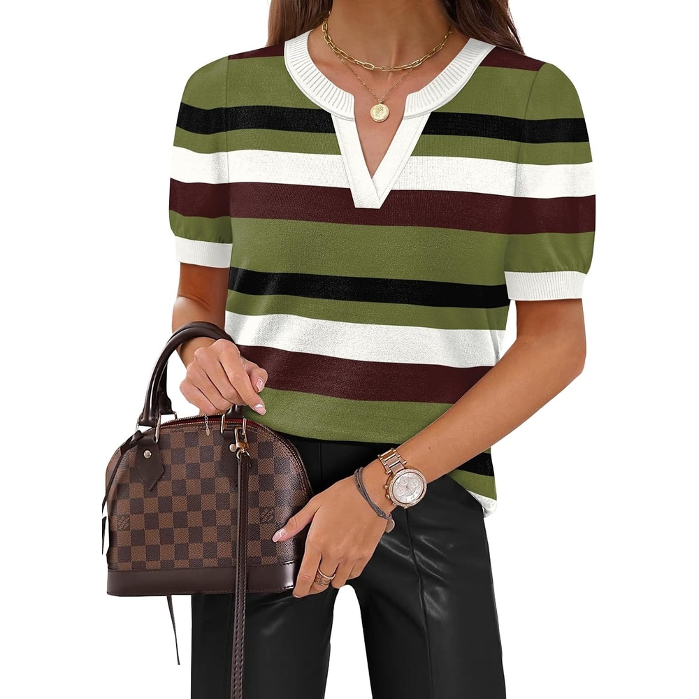 image:imageWIHOLL Short Sleeve Sweater Tops 2026 Spring Summer Trendy Knit Business Casual Essential V Neck Sweaters06 Stripes