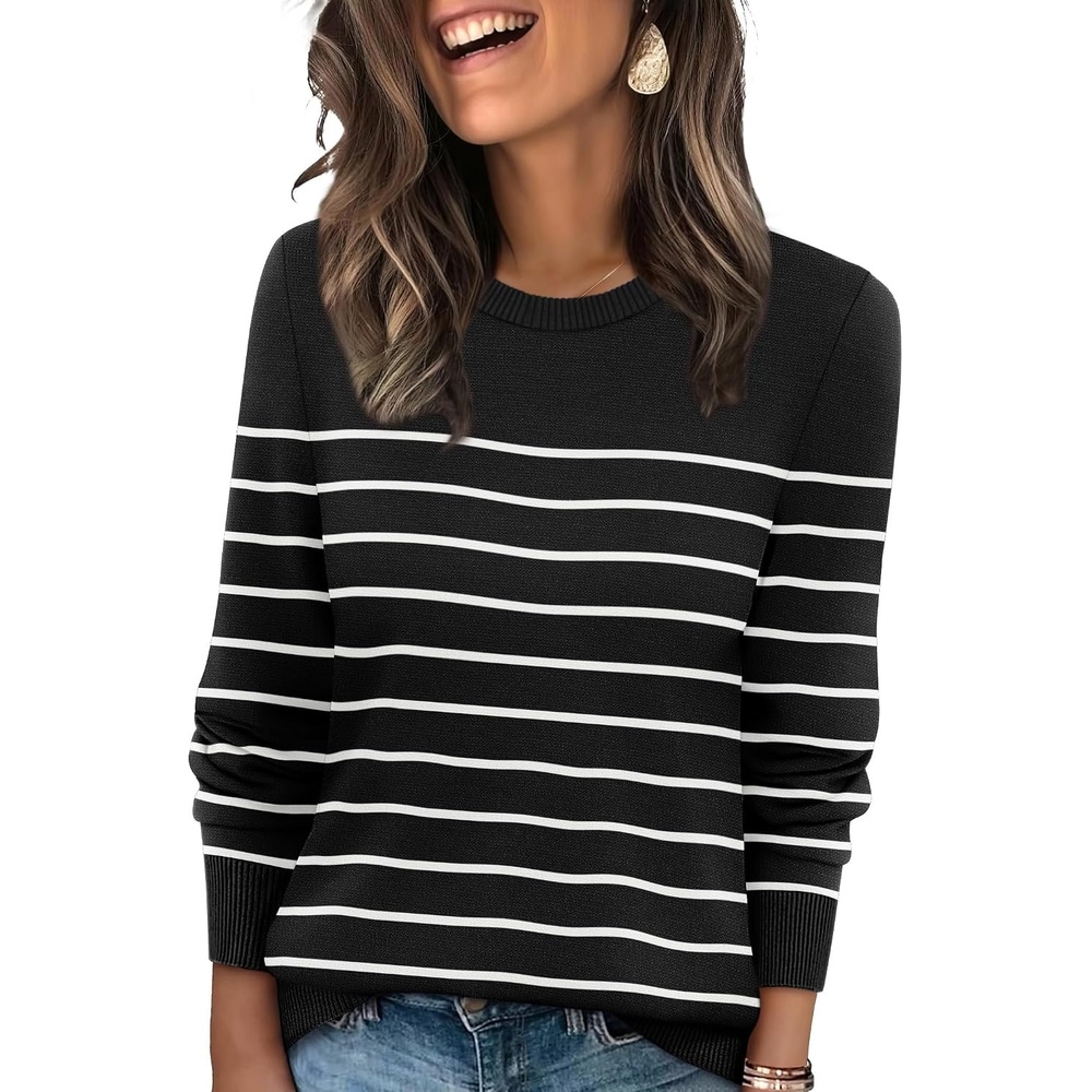 image:imageWIHOLL Sweaters for Women Lightweight Fall Tops Pullover Long Sleeve ShirtsSblackwhite Striped