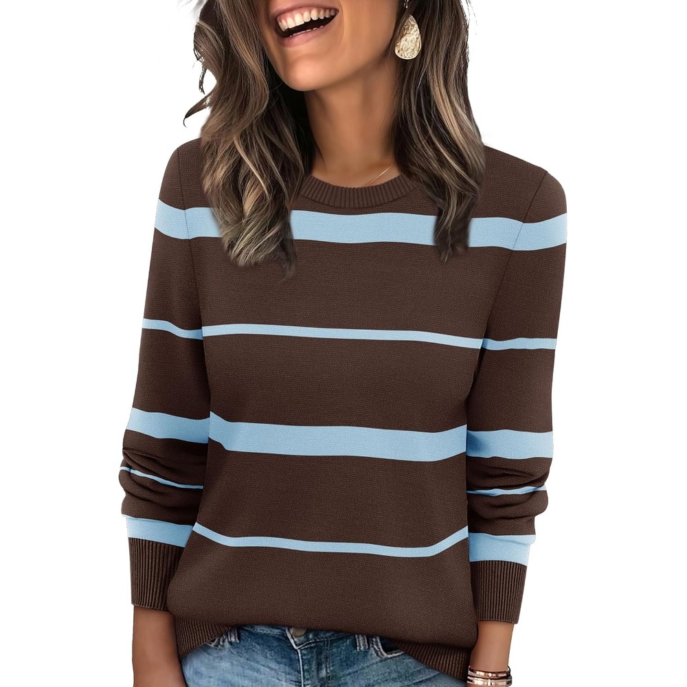 image:imageWIHOLL Sweaters for Women Lightweight Fall Tops Pullover Long Sleeve ShirtsSchocolate Blue Striped
