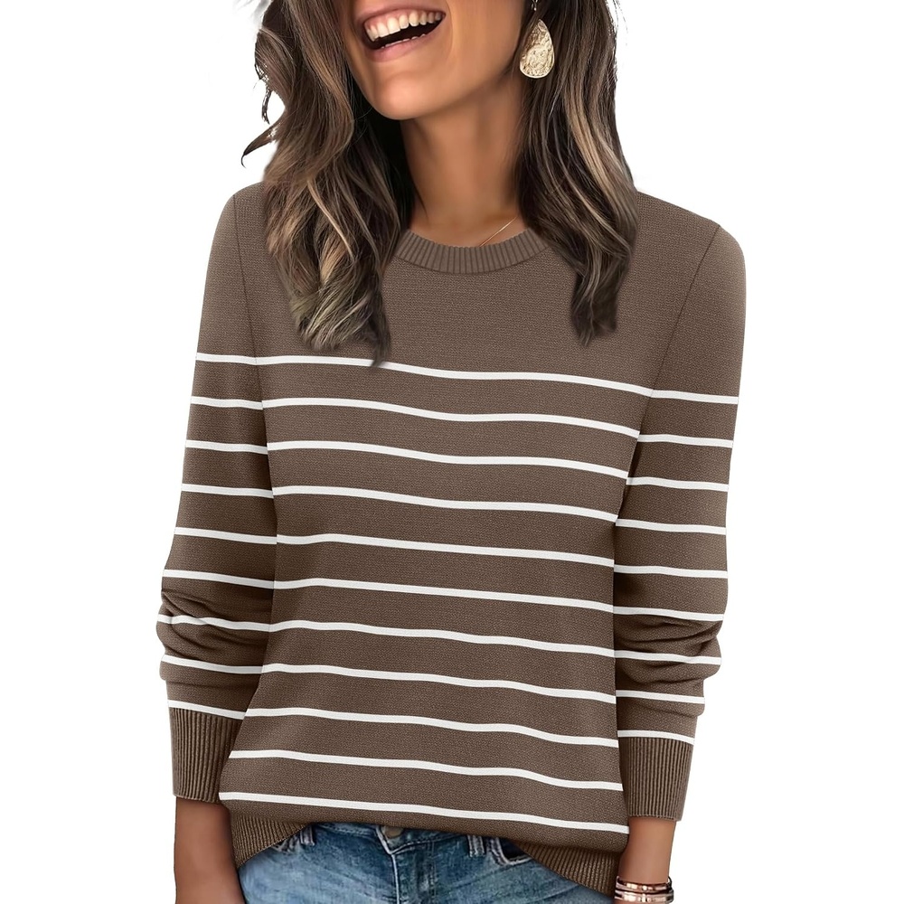 image:imageWIHOLL Sweaters for Women Lightweight Fall Tops Pullover Long Sleeve ShirtsSchocolate Brownwhite Striped
