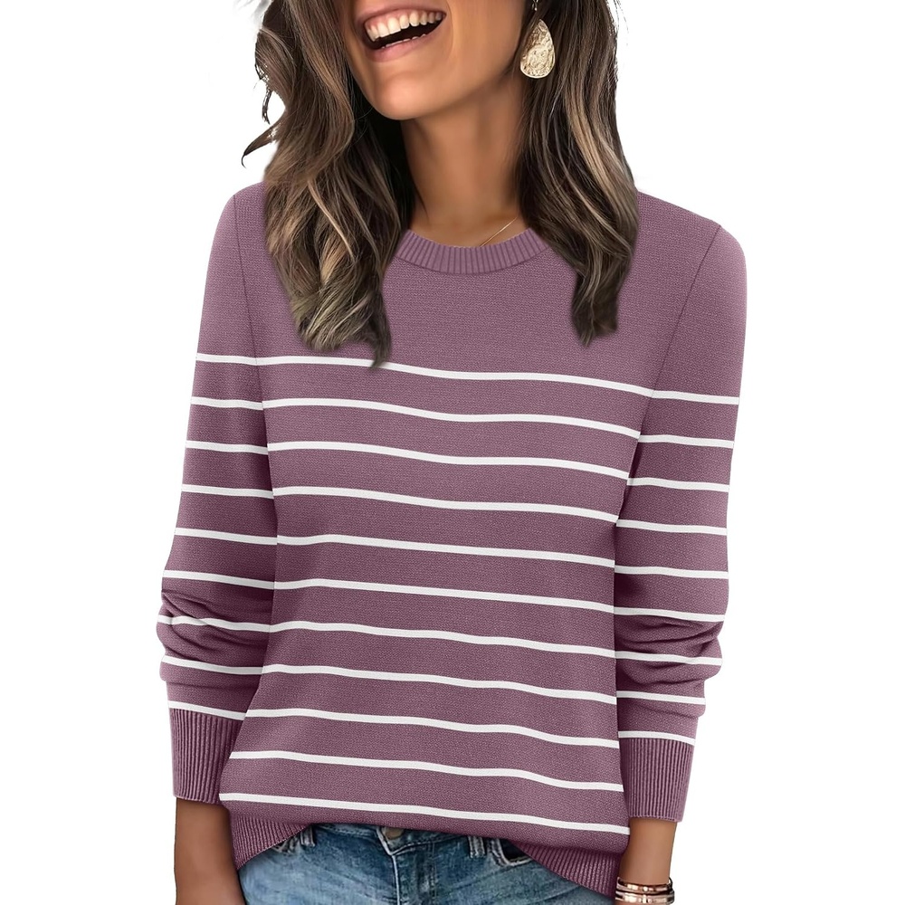 image:imageWIHOLL Sweaters for Women Lightweight Fall Tops Pullover Long Sleeve ShirtsSgrey Purplewhite Striped