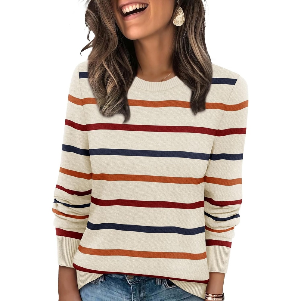 image:imageWIHOLL Sweaters for Women Lightweight Fall Tops Pullover Long Sleeve ShirtsSrainbow Striped