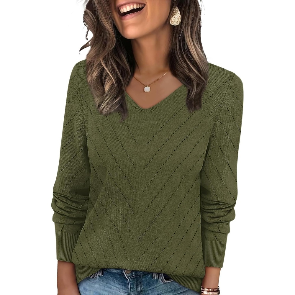 image:imageWIHOLL Sweaters for Women V Neck Casual Knit Long Sleeve Tops Lightweight Pullover Clothes Fall Fashion Outfits 2026Army Green