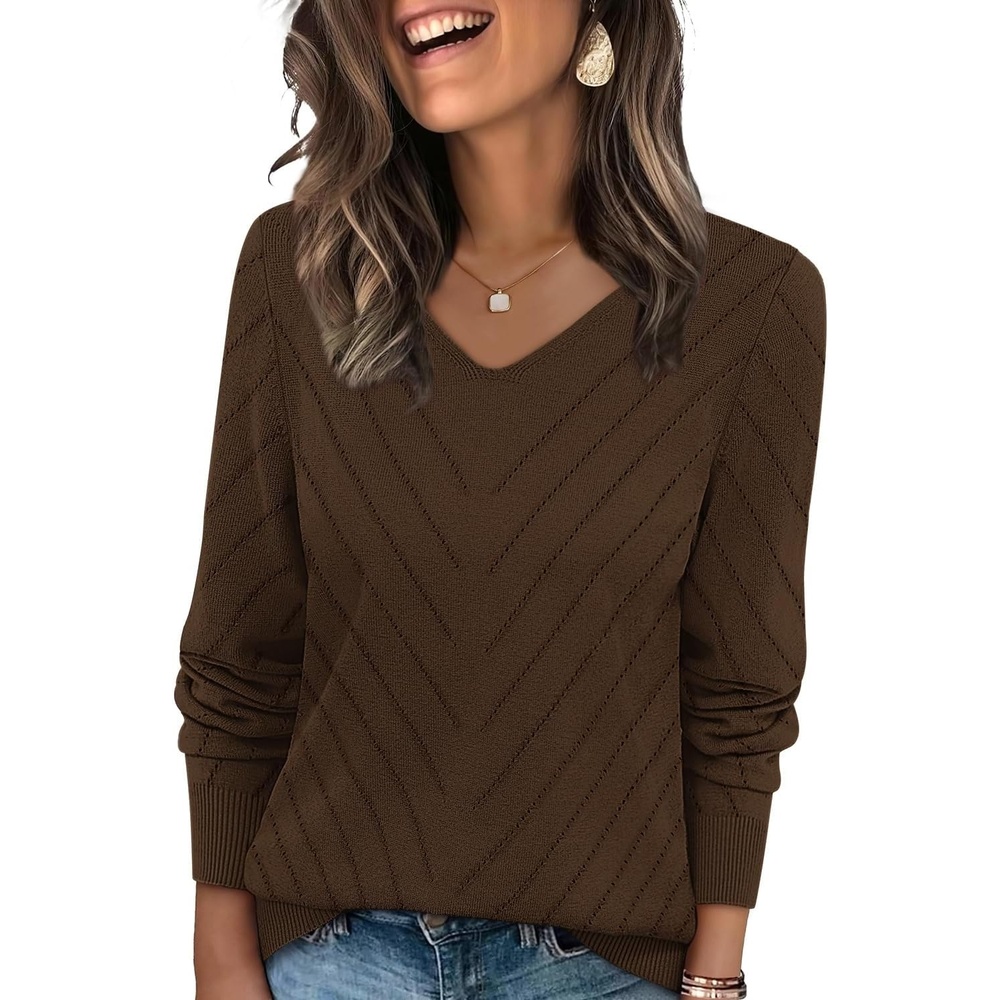 image:imageWIHOLL Sweaters for Women V Neck Casual Knit Long Sleeve Tops Lightweight Pullover Clothes Fall Fashion Outfits 2026Brown