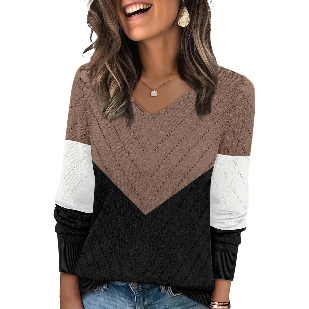 image:imageWIHOLL Sweaters for Women V Neck Casual Knit Long Sleeve Tops Lightweight Pullover Clothes Fall Fashion Outfits 2026Coffee Black White
