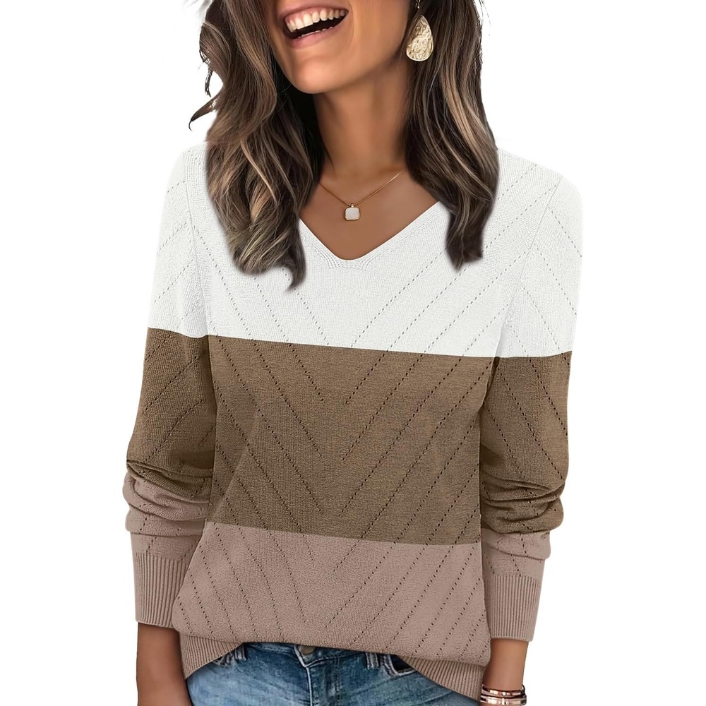 image:imageWIHOLL Sweaters for Women V Neck Casual Knit Long Sleeve Tops Lightweight Pullover Clothes Fall Fashion Outfits 2026White Brown Khaki