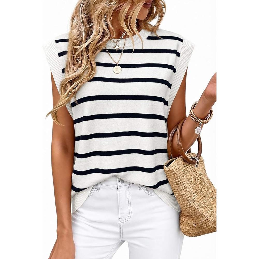 image:imageWIHOLL Tank Tops for Women Summer Lightweight Sweater Fashion Clothing Crew Neck T Shirts Cap Sleeve Business Casual OutfitBlack White Stripes