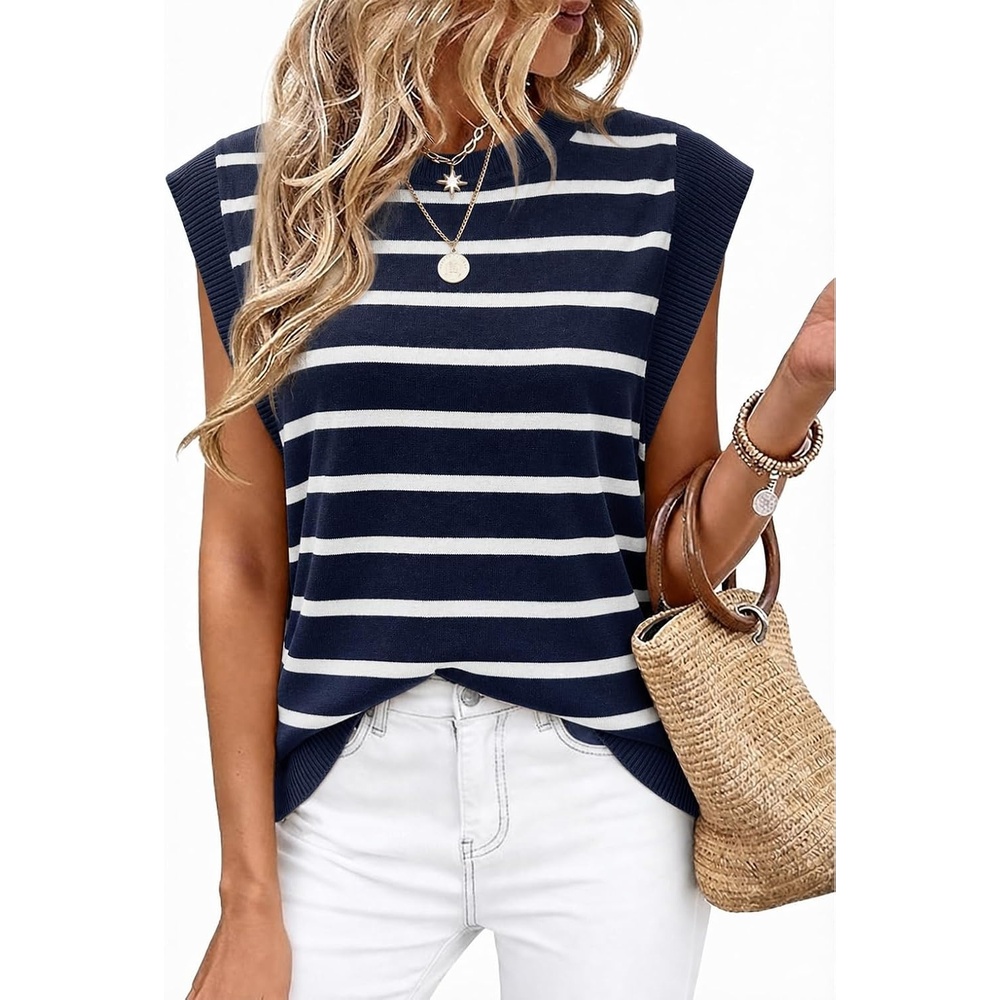 image:imageWIHOLL Tank Tops for Women Summer Lightweight Sweater Fashion Clothing Crew Neck T Shirts Cap Sleeve Business Casual OutfitNavy White Stripes