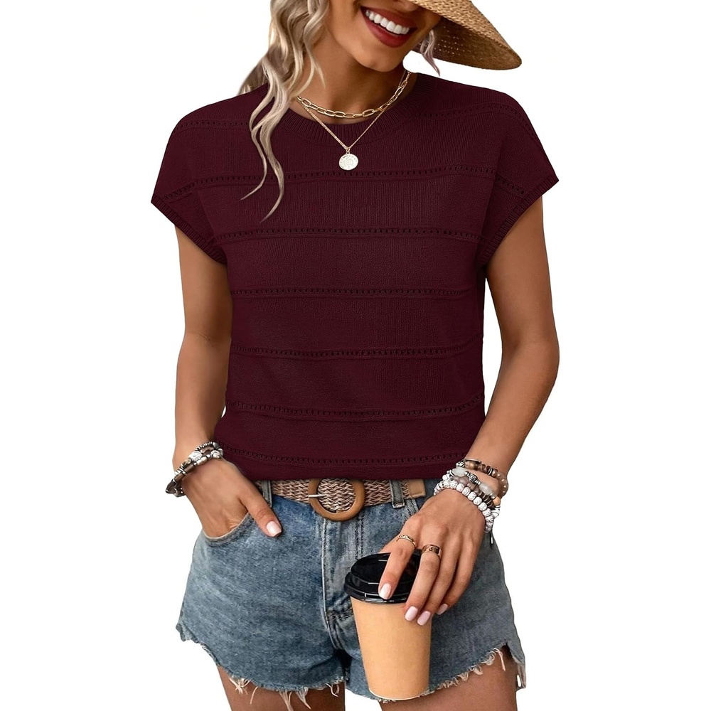 image:imageWIHOLL Womens Lightweight Sweater Spring Summer Fall Outfits Cap Sleeve Hollow Out Knit Fashion Clothing 2026Burgundy