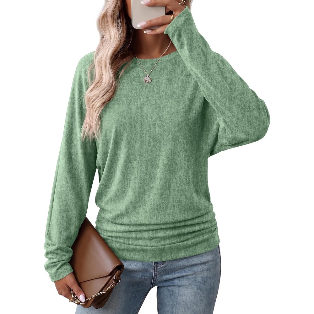image:imageWIHOLL Womens Long Sleeve Shirts Ruched Hem Fall Tops Lightweight SweatersBright Green