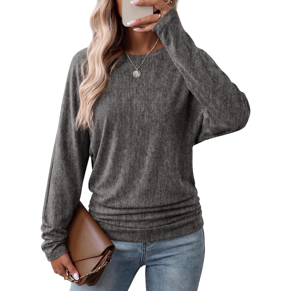 image:imageWIHOLL Womens Long Sleeve Shirts Ruched Hem Fall Tops Lightweight SweatersDark Grey