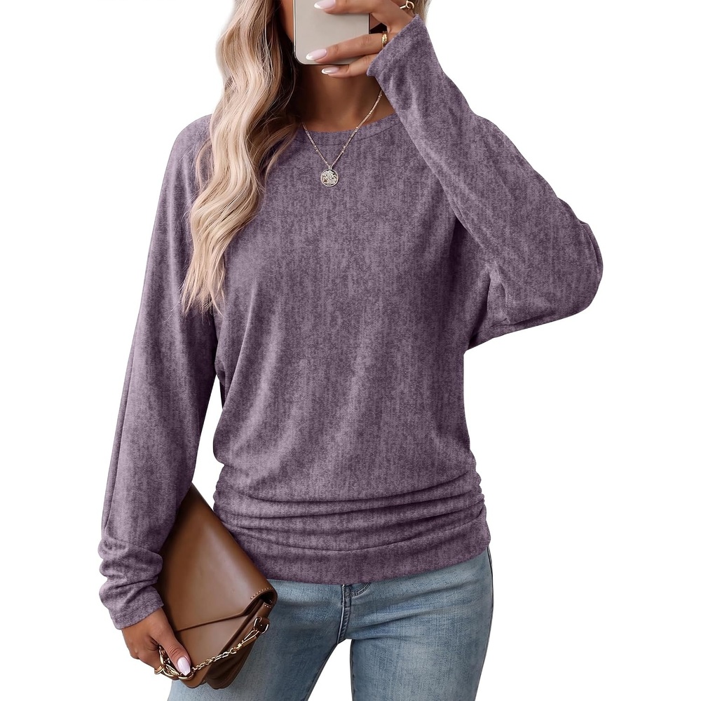 image:imageWIHOLL Womens Long Sleeve Shirts Ruched Hem Fall Tops Lightweight SweatersPurple