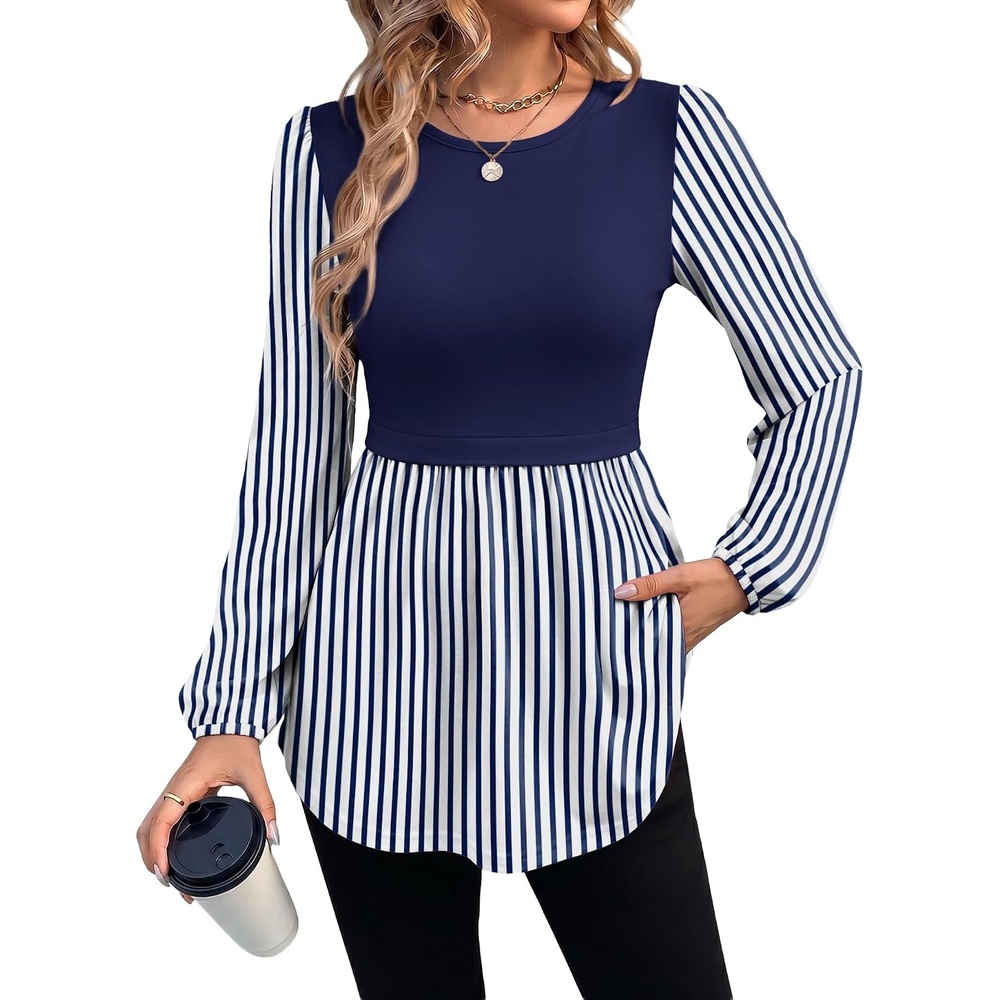 image:imageWIHOLL Womens Long Sleeve Tunic Tops Crew Neck Babydoll Peplum Blouses Fall Fashion 2026Navy Striped