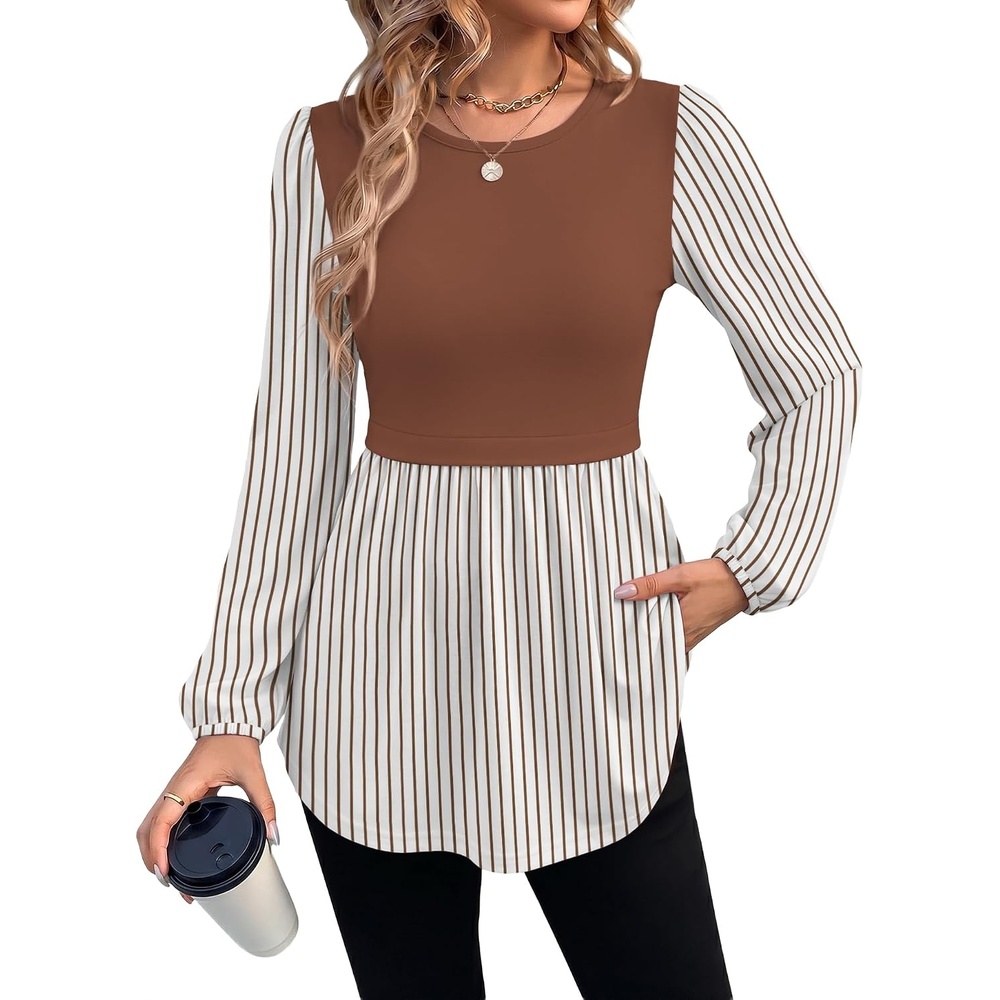 image:imageWIHOLL Womens Long Sleeve Tunic Tops Crew Neck Babydoll Peplum Blouses Fall Fashion 2026Rust Striped