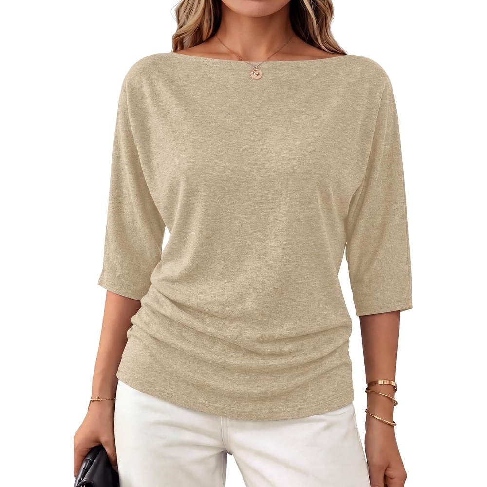 image:imageWIHOLL Womens Off the Shoulder Sweater Boat Neck 34 Sleeve Pullover Knit TopsApricot