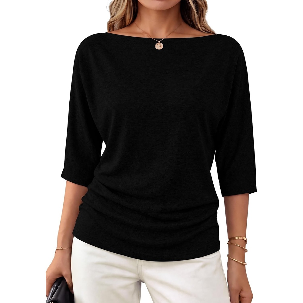 image:imageWIHOLL Womens Off the Shoulder Sweater Boat Neck 34 Sleeve Pullover Knit TopsBlack