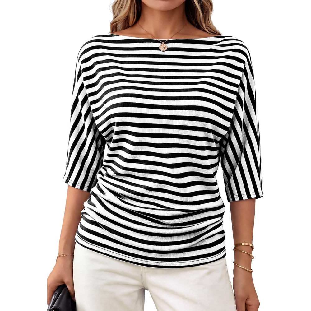 image:imageWIHOLL Womens Off the Shoulder Sweater Boat Neck 34 Sleeve Pullover Knit TopsBlack Striped