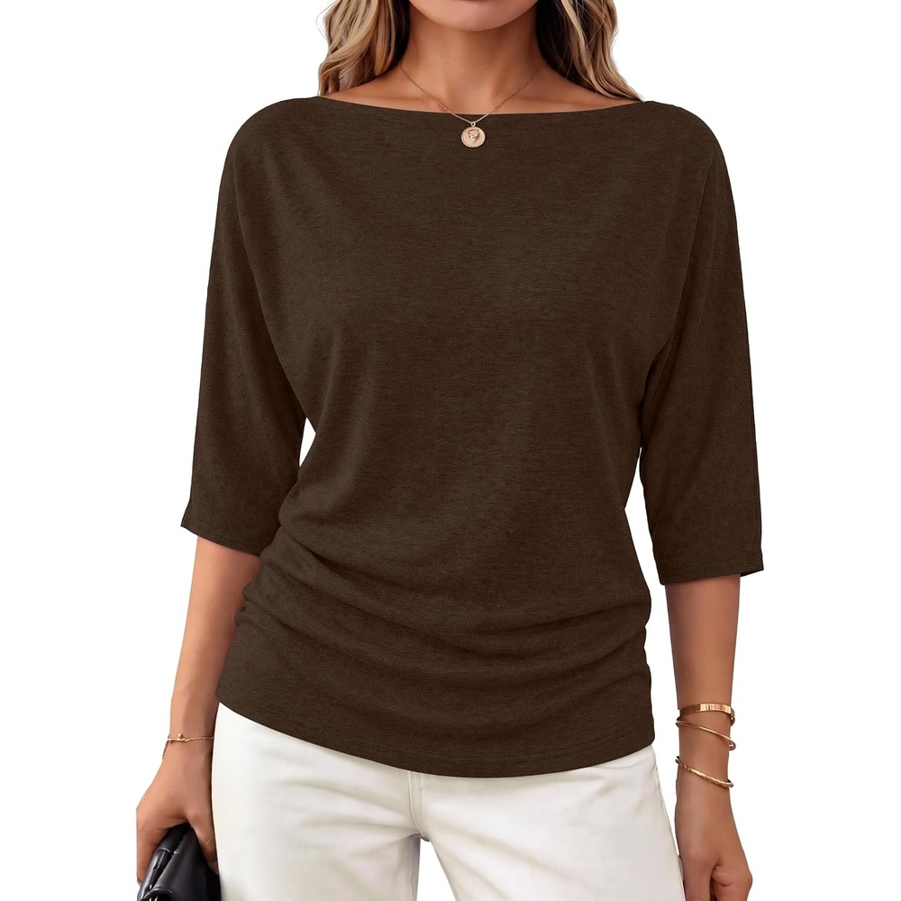 image:imageWIHOLL Womens Off the Shoulder Sweater Boat Neck 34 Sleeve Pullover Knit TopsCoffee