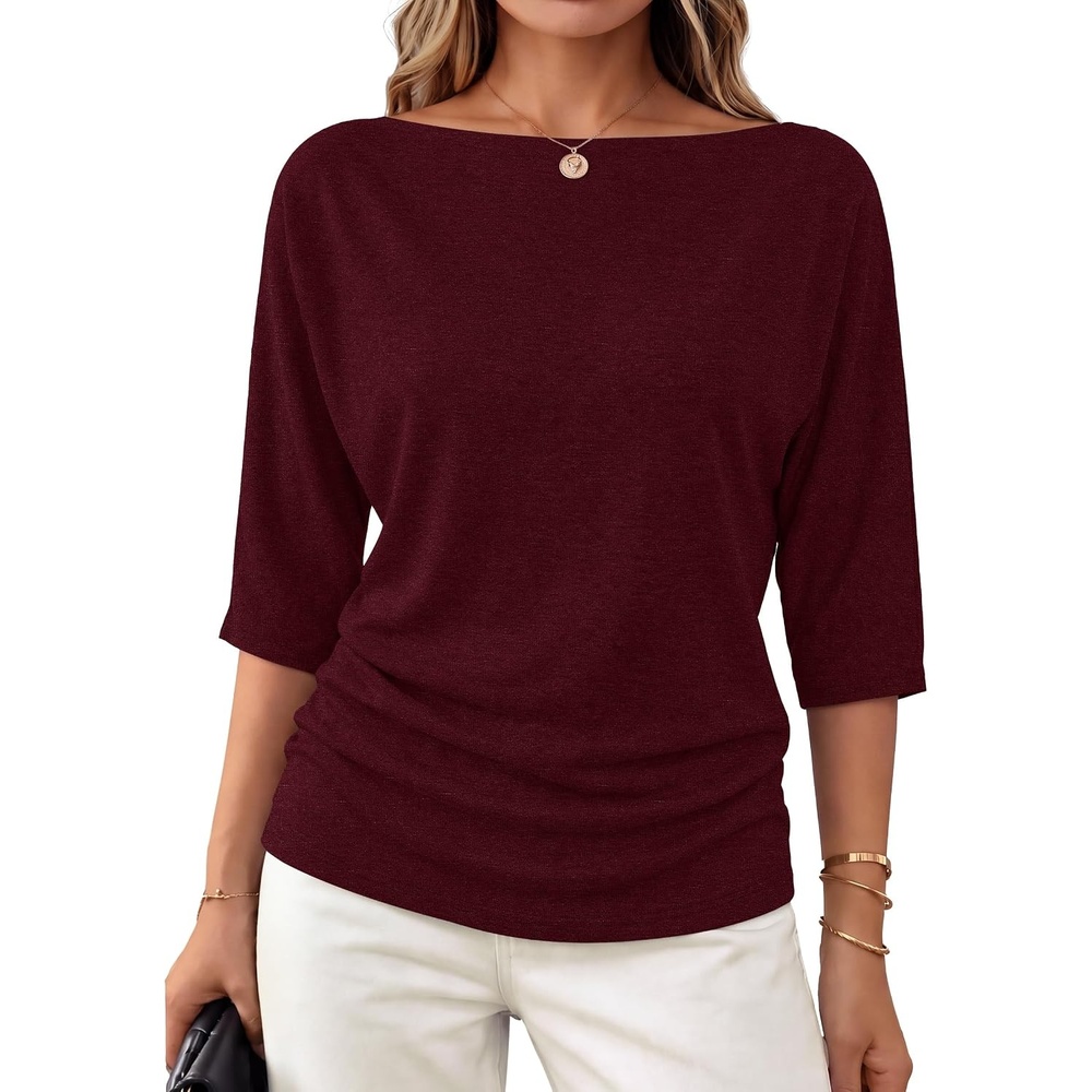 image:imageWIHOLL Womens Off the Shoulder Sweater Boat Neck 34 Sleeve Pullover Knit TopsPurplewine