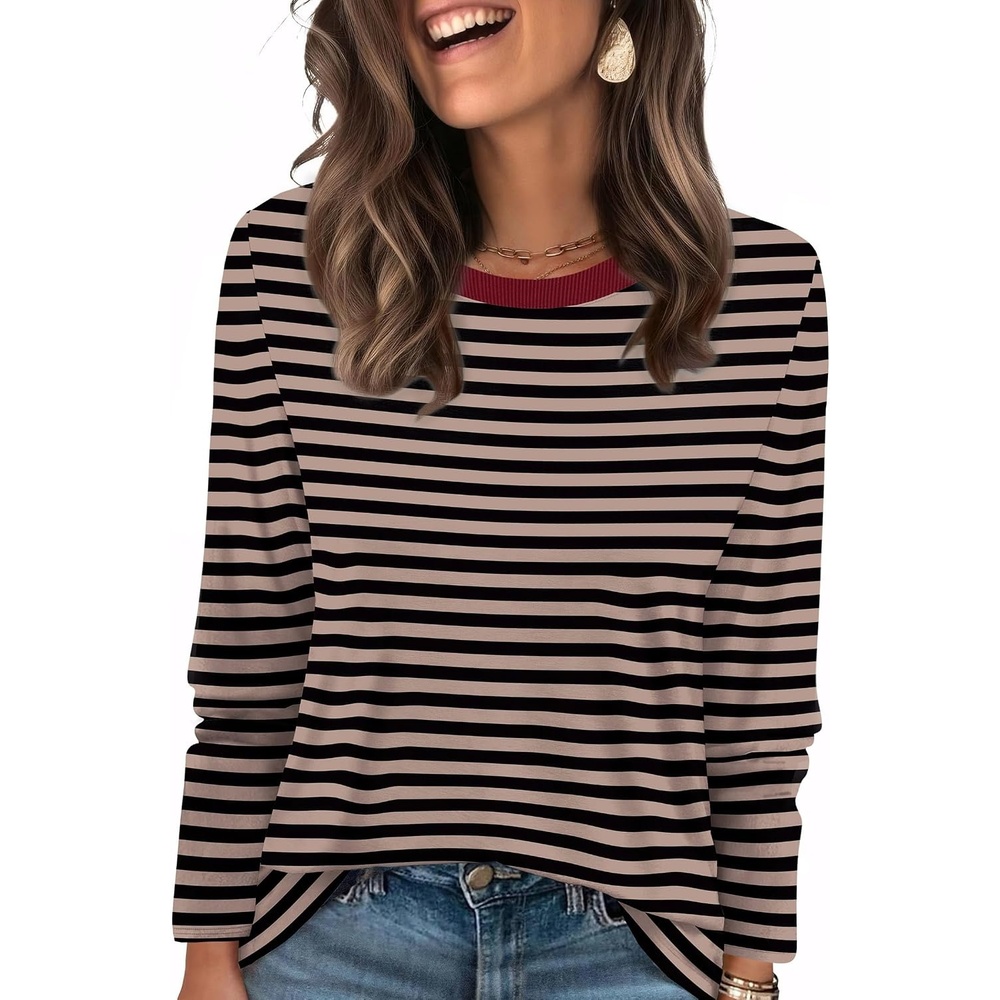 image:imageWIHOLL Womens Striped Long Sleeve Shirts Fall Outfits 2026 Color Block Tops Fashion Clothing Ribbed Crewneck Tee BlousesBcoffee Stripe