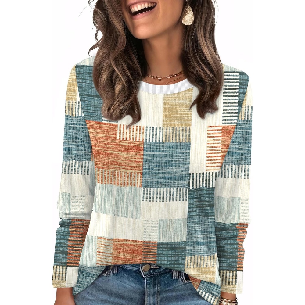 image:imageWIHOLL Womens Striped Long Sleeve Shirts Fall Outfits 2026 Color Block Tops Fashion Clothing Ribbed Crewneck Tee BlousesGorange and Blue Plaid